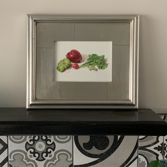 Original Still life Onion Radish Green Tomato in Silver Leaf Frame 5x7 inch - Picture 2 of 4